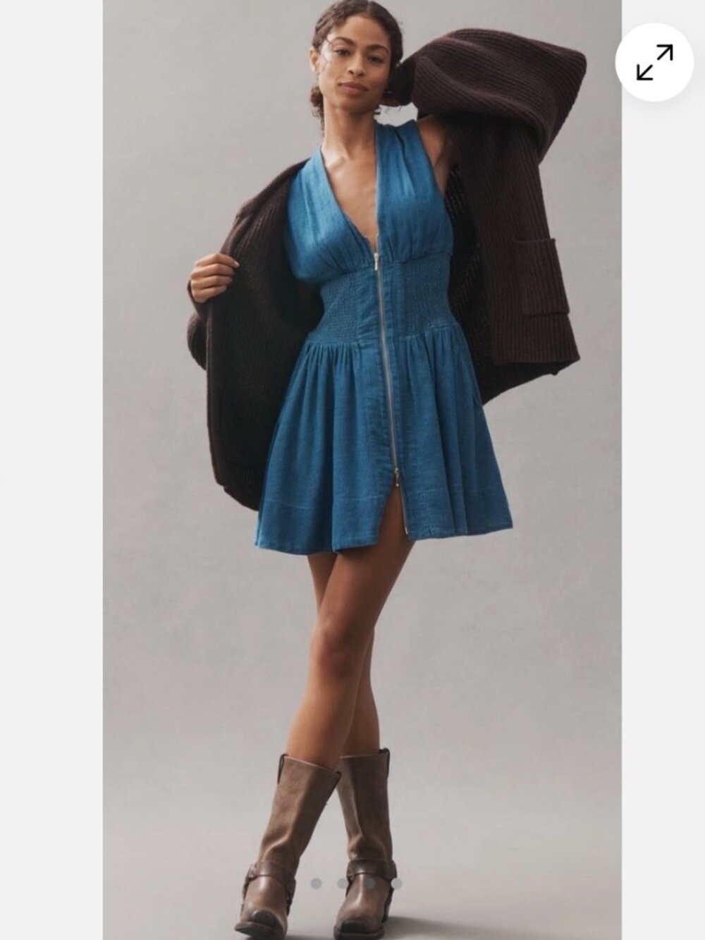 Anthropologie Tommie Cap-Sleeve Smocked Front-Zip Dress: Denim Edition